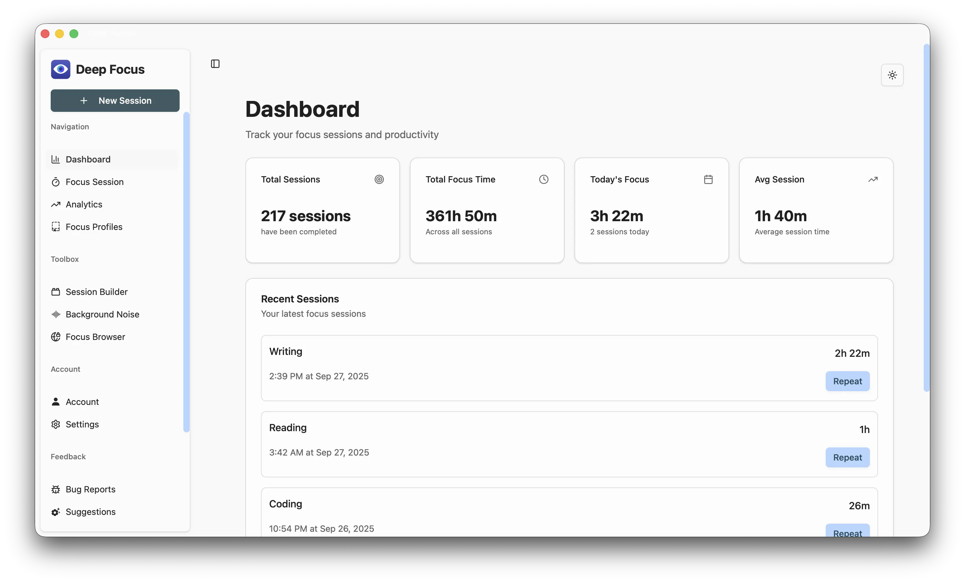 Deep Focus Dashboard - Track your focus sessions and productivity