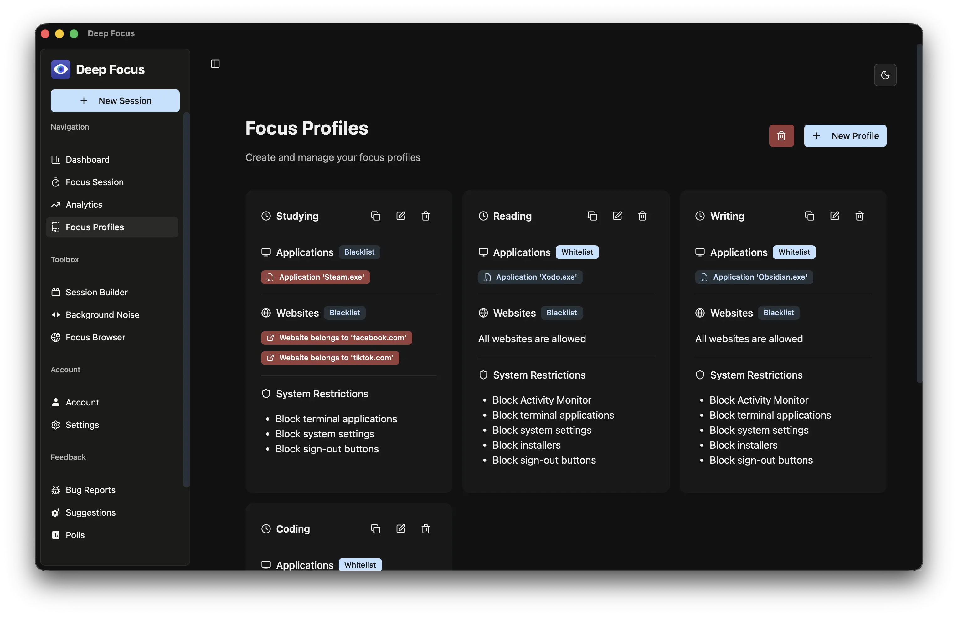 Focus Profiles screen with Studying, Reading and Writing profiles