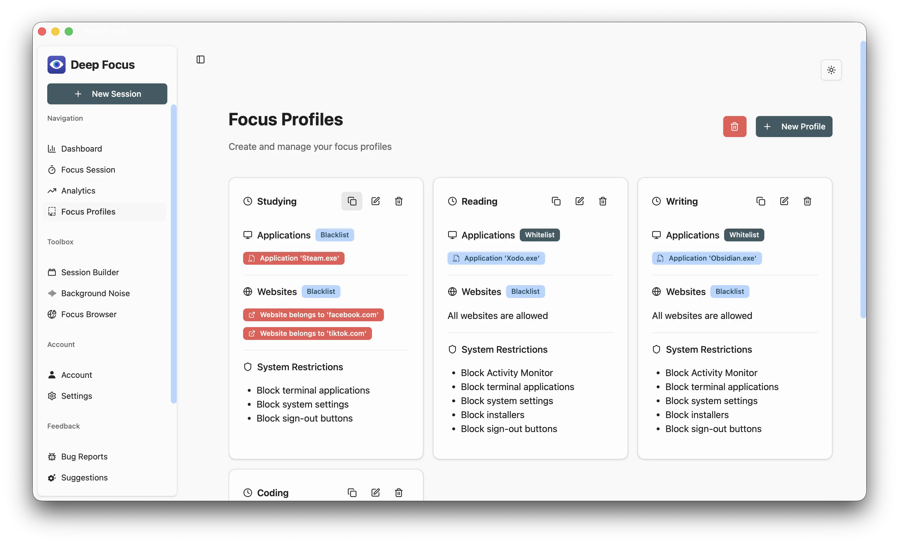 Deep Focus Profiles - Create custom focus profiles for different activities